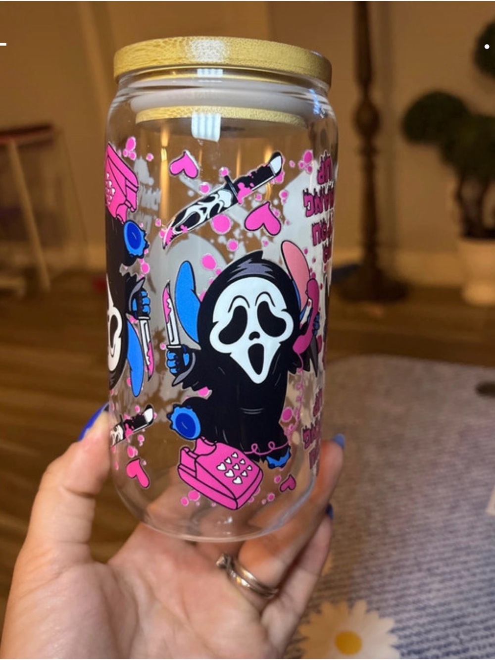 Scream Ghost Graphic Glass Jar with Pink & Blue Accents